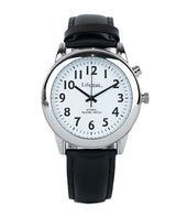 White-faced talking watch with black numbers, silver case, and black leather strap showing brand on dial, front view.