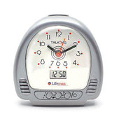 Lifemax talking alarm clock with analogue and digital displays, large numbers, branding below screen, front view.