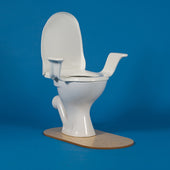 White Gordon Ellis Nobi Classic Toilet Seat with arms and tan base, on a solid blue background, front view.