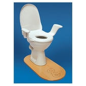White toilet seat with armrests placed on a wooden surface, blue background, front view.