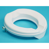 White Gordon Ellis Prima 2 inch raised toilet seat without lid, locking mechanism visible, blue background, front view.