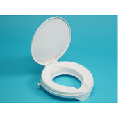 Prima raised toilet seat with 2 inch height and lid, open, on a plain light blue background, front view.