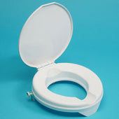 Gordon Ellis Prima 2 inch raised toilet seat with lid, open, plain background, front view.