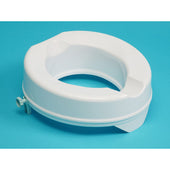 Prima 4 inch raised toilet seat without lid, side adjustment knob visible, solid blue background, front angle.