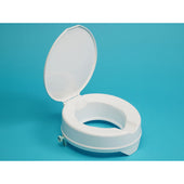 Raised toilet seat with lid, 4 inch height, white, shown open against a blue background, front view.