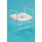 White adjustable toilet seat with metal frame and armrests, shown against a blue background, front view.