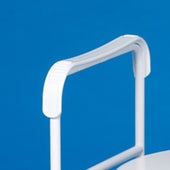 White plastic handle and metal bar clip-on arm rests by Gordon Ellis on a solid blue background, front view.