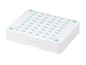 White plastic bath step with rows of light blue non-slip dots on the top, front view.