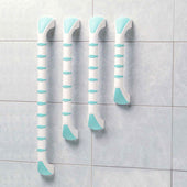 Four mint Gordon Ellis Prima Straight Grab Bars mounted vertically on a light tiled bathroom wall, front view.
