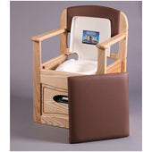 Hardwood flushing commode with white seat and removable brown padded backrest, shown from the front.