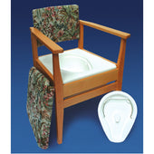 Commode chair with a floral patterned frame, removable seat cover, and white plastic pan, front view.