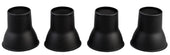 Set of four black plastic bed and chair raisers, lined up on a white surface, front view.