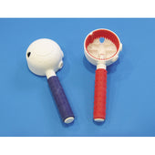 Purple and red Gordon Ellis tap turners with textured handles on a blue background, top view.