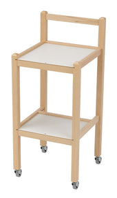 Light wood trolley walker with two white shelves and caster wheels, shown from a front angle.