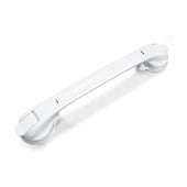 White grab bar with locking suction cups for bathroom or shower use, shown in close-up.