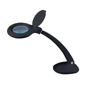 Black Lifemax magnifying table light with covered lens, adjustable arm, curved stand and stable base, front view.