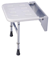 Wall mounted shower stool with metal legs, non-slip feet and adjustable seat height, side view.