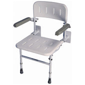 Wall mounted shower chair with grey armrests, adjustable legs, and drainage slots on seat and backrest, front view.