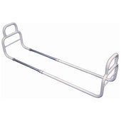 White metal double ended bed rail with handles for support, shown from a side view.