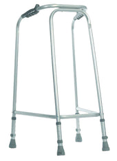 Aidapt aluminium narrow walking frame with four legs, rubber tips and adjustable height, front view.