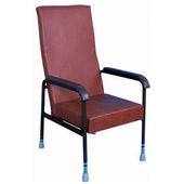 Cream height adjustable chair with lumbar support, black metal arms and legs, rubber-tipped feet, front view.