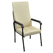 Cream Aidapt Longfield height adjustable chair with black metal arms and legs, high backrest, built-in lumbar support, front angle view.