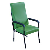 Cream height adjustable chair with high back, lumbar support, and black metal armrests and legs, front view.
