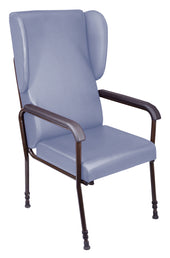 Cream height adjustable chair with padded seat and back, black metal armrests, ergonomic design, front view.