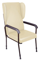 Cream height adjustable chair with padded seat, ergonomic back, and dark metal arms and legs, front angle view.