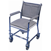 Aidapt Linton mobile commode with padded seat, chrome frame, armrests and removable pan, front view.