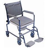 Aidapt Lenham height adjustable mobile commode with armrests, padded seat, footrests and grey finish, front angle view.