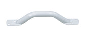 Steel grab bar with flat ends, two mounting plates and screw holes, for bathroom support, side view.