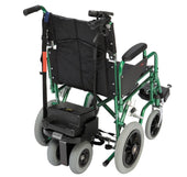 Green and black powered wheelchair with large rear wheels and a black motor box at the back, side view.