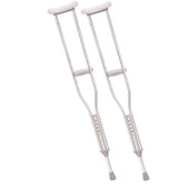 Pair of aluminium underarm crutches with padded tops and rubber tips, upright position, front view.