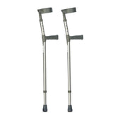 Pair of double adjustable aluminium forearm crutches with grey handles and rubber tips, standing upright, front view.