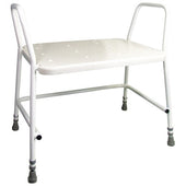 White bariatric shower stool with flat seat, armrests and rubber-tipped adjustable legs, front angle view.