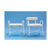 Two bariatric shower stools with padded seats and armrests, one with backrest, both four-legged, side by side front view.