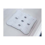 Square white inflatable bath cushion with six drain holes, shown in a bathtub setting, top view.