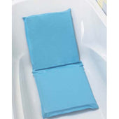 Padded bath cushion with backrest inside a white bathtub, top view.