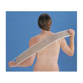 Homecraft Flannel Strap and Wash Mitt being used to wash a persons back, blue background, in use view.