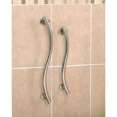 Pair of vertical polished stainless steel curved grab rails on beige and tan tiled bathroom wall, front view.