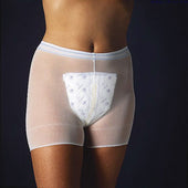 Able2 Stretch Pants Long Leg Length pack of 5 worn over visible incontinence pad, dark background, front view.