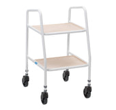 White two-tier adjustable trolley with steel frame and four black caster wheels, front angle view.