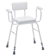 Black Drive perching stool with padded arms and backrest, non-slip tips for stability, side view.