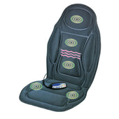 Black Lifemax heated back and seat massager with visible vibration zones and wired remote control, front view.