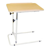 Cream overbed table with adjustable height, light wood top and white frame, suitable for bed or chair use, side view.