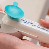 Mountway Battery Stick A230 for Bath Lifts with blue suction cup, held in hands, close-up.