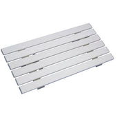 Rectangular silver shower board with five slats and small supports underneath, side view.