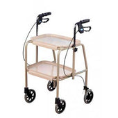 Beige height-adjustable trolley walker with two trays and hand brakes, used for walking support and carrying items, front view.