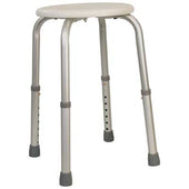 Round adjustable shower stool with plastic seat, aluminium frame, and four rubber feet, shown from the front.